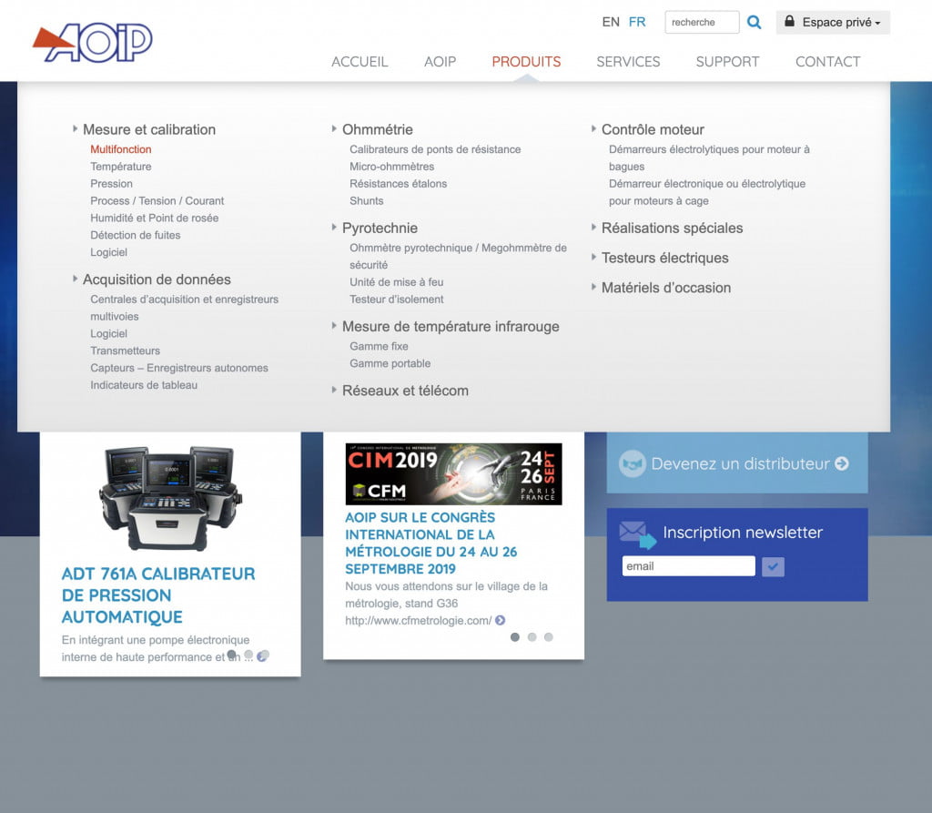 site Internet catalogue - menu