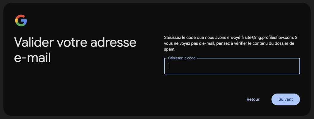 google new account code